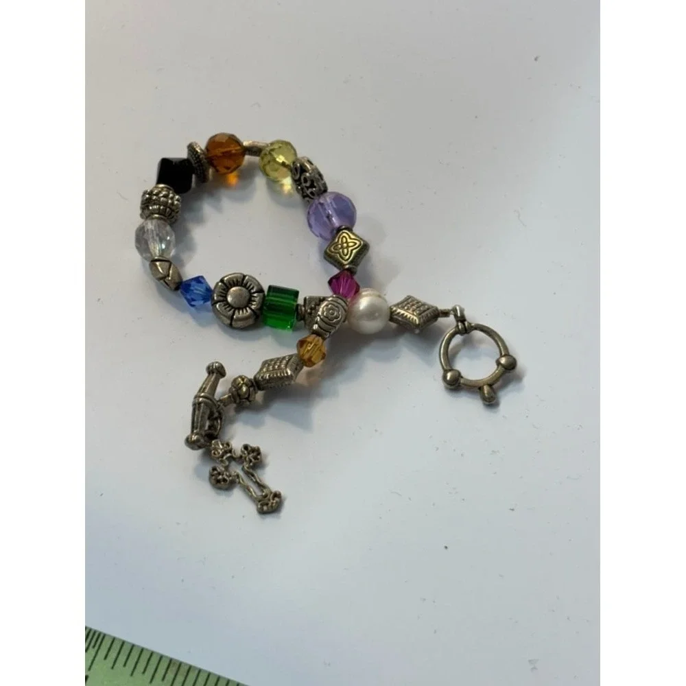 Y2K Charm Bracelet Silver Tone Purple‎ Green Yellow Beads Cross Crucifix